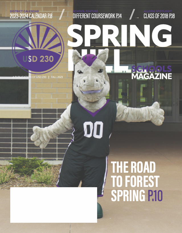 Cover of the Fall 2023 Spring Hill Schools Magazine with the FSMS Charger mascot in front of Forest Spring Middle